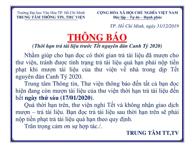 Thông báo hạn trả sách trước Tết Nguyên Đán Canh Tý 2020
