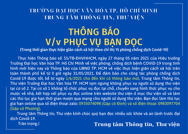 Thông báo về việc phục vụ bạn đọc trong thời gian phòng, chống dịch Covid-19