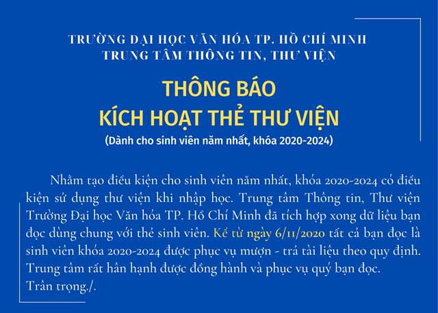 Thông báo kích hoạt thẻ thư viện cho sinh viên khóa 2020-2024