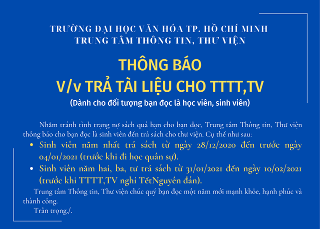 Trung tâm Thông tin, Thư viện thông báo về việc trả tài liệu